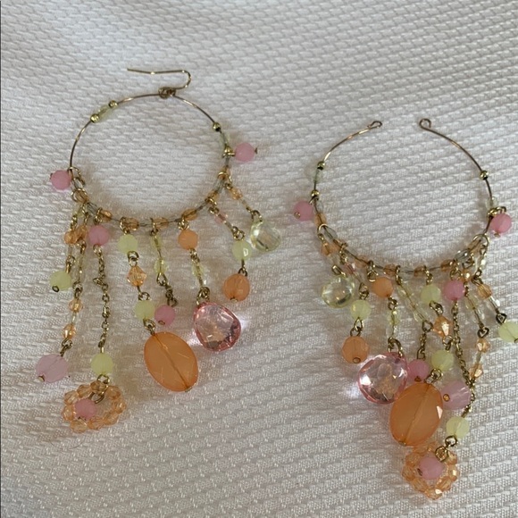 Jewelry - Gold Tone Pink and Orange Beaded Hoop Drop Statement Earrings